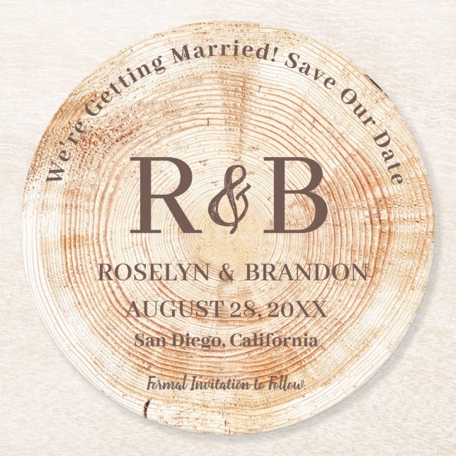 Wood Rustic Wedding Monogram Names Save the Date Round Paper Coaster (Front)