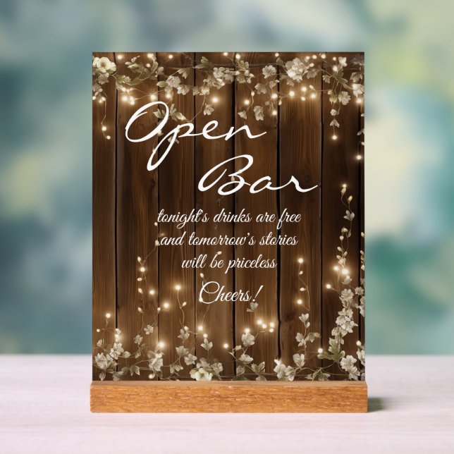 Wood Rustic White Floral String Lights Open Bar Acrylic Sign (Neutral)