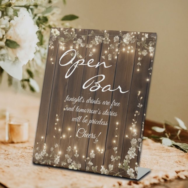 Wood Rustic White Floral String Lights Open Bar Pedestal Sign (Creator Uploaded)