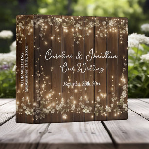 Wood Rustic White Floral String Lights Wedding Binder