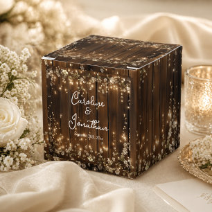 Wood Rustic White Floral String Lights Wedding Favor Box