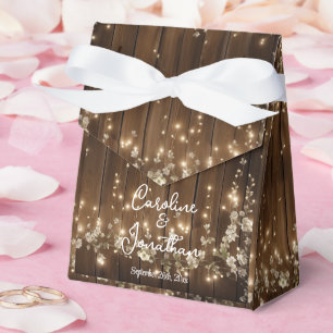 Wood Rustic White Floral String Lights Wedding Favor Box