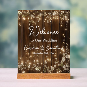 Wood Rustic White Floral String Lights Welcome Acrylic Sign