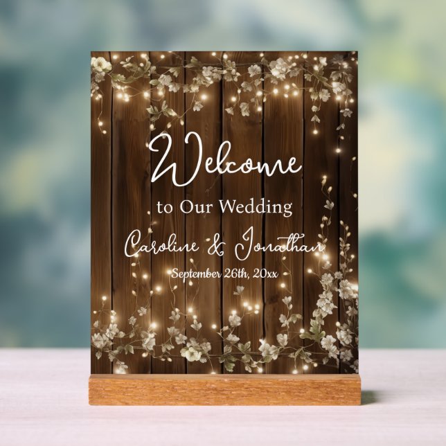 Wood Rustic White Floral String Lights Welcome Acrylic Sign (Neutral)