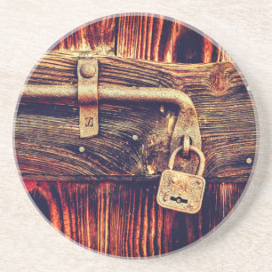 Wood rustic woodgrain brass antique lock brown coaster