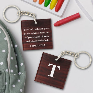 Wood Scripture 2Timothy 1:7 Customizable Monogram Keychain
