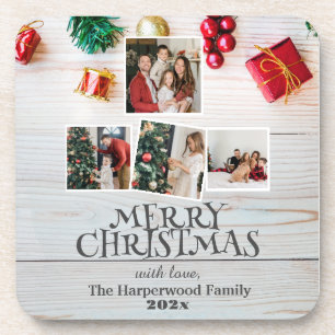 wood simple elegant family christmas Photo collage Coaster