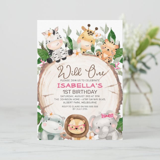 Wood Slice Girls Foliage Safari Birthday Invitation (Standing Front)