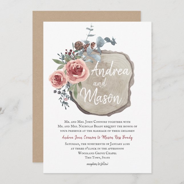 Wood Slice Rose and Eucalyptus Wedding Invitation (Front/Back)