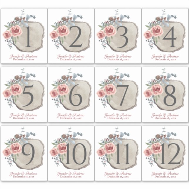 Wood Slice Rose Table Number Stickers (Front)