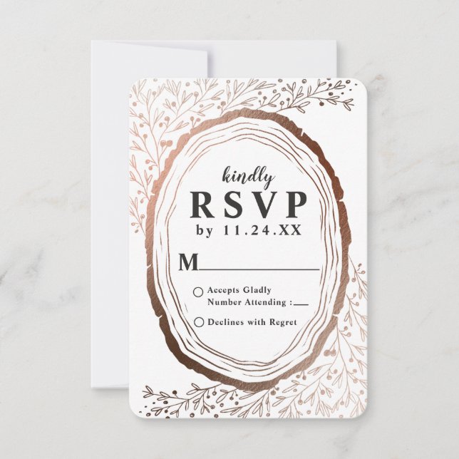 Wood Slice Rustic Copper Foil Autumn Wedding RSVP Card (Front)