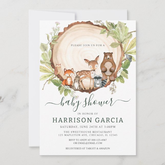 Wood Slice Tree Woodland Animals Baby Shower Invitation (Front)