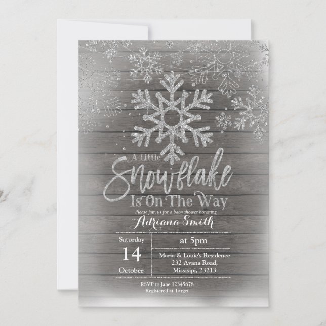 Wood snowflake is on the way baby shower invitation (Front)