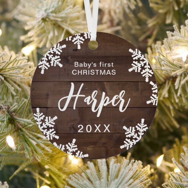 Wood Snowflakes Baby's First Christmas Script Name Metal Ornament (Insitu)