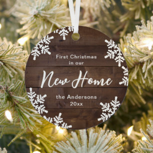 Wood Snowflakes First Christmas In Our New Home Metal Ornament