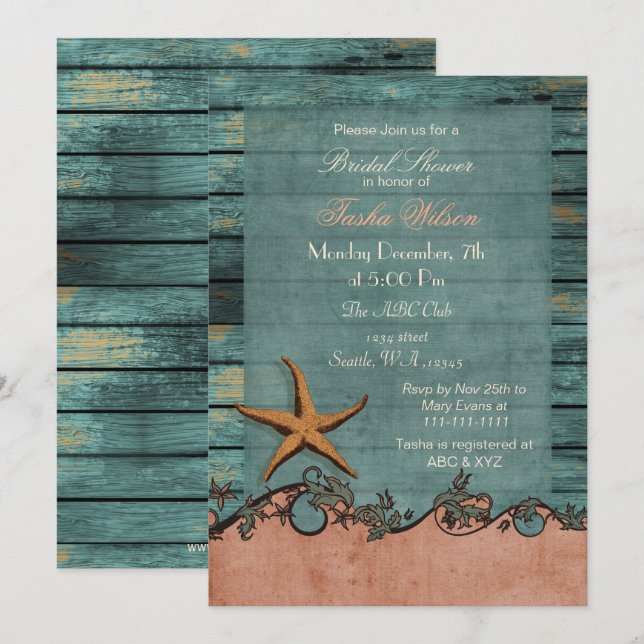 Wood Starfish Coral Rustic Beach Bridal Shower Invitation (Front/Back)