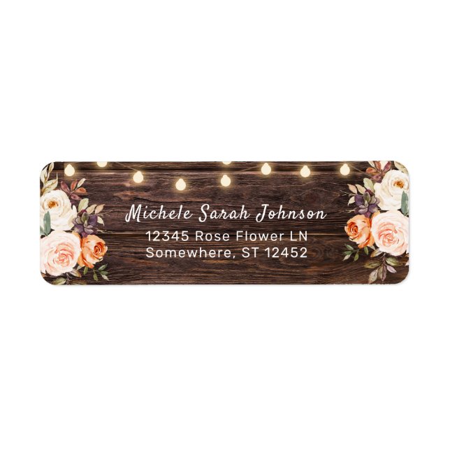 Wood String Lights, Blush & Peach Floral Address (Front)