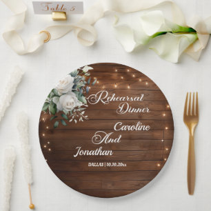 Wood String Lights Floral Rehearsal Dinner Wedding Paper Plate