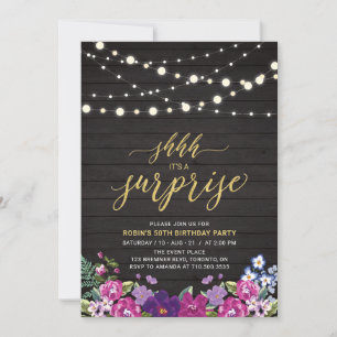 Wood & String Lights Gold Surprise Birthday Party Invitation