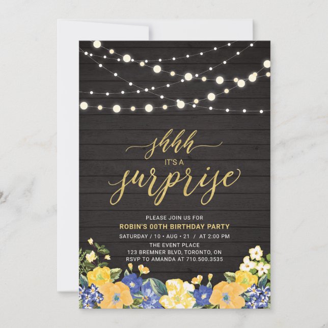 Wood & String Lights Gold Surprise Birthday Party Invitation (Front)
