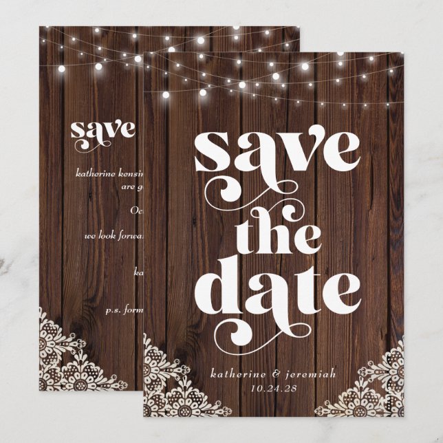 Wood String Lights Lace Wedding Save the Date (Front/Back)