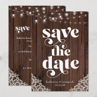 Wood String Lights Lace Wedding Save the Date