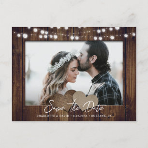 Wood String Lights Photo Save The Date Postcard