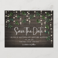 Wood String Lights Script Wedding Save the Date 