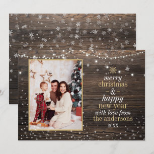Wood String Lights & Snow   Rustic Christmas Photo Invitation