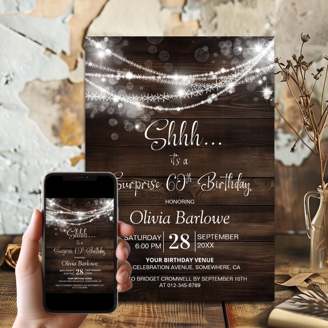Wood String Lights Surprise 60th Birthday Party Invitation (Creator Uploaded)