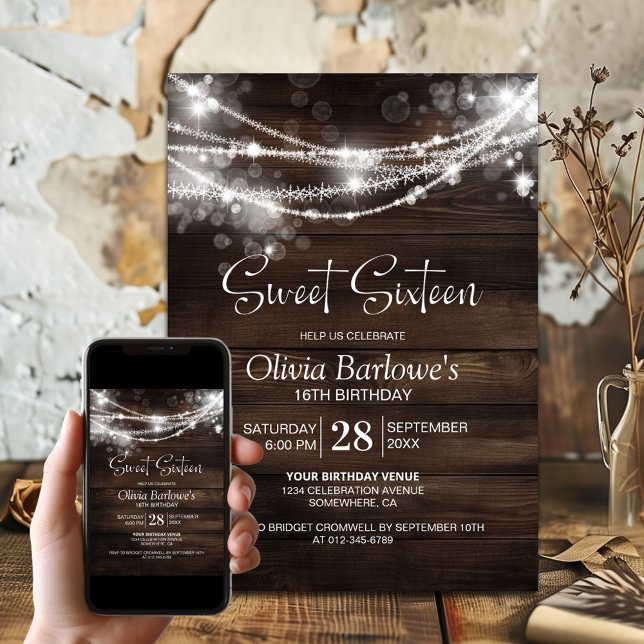 Wood String Lights Sweet Sixteen Birthday Party Invitation (Creator Uploaded)