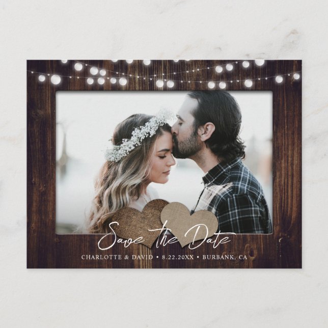 Wood String Lights Wedding Photo Save The Date Announcement Postcard (Front)