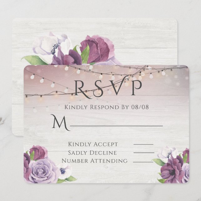 Wood String Of Lights  Peony Wedding RSVP Invitation (Front/Back)