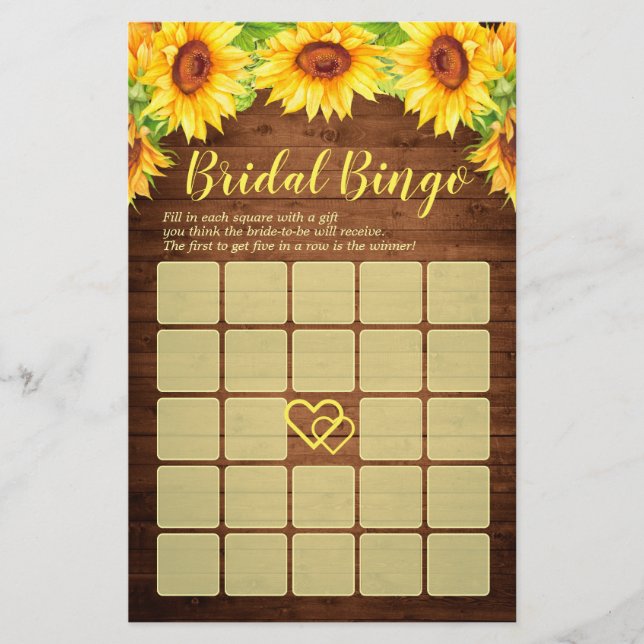 Wood Sunflower Blossom Greenery Bridal Shower Game (Front)