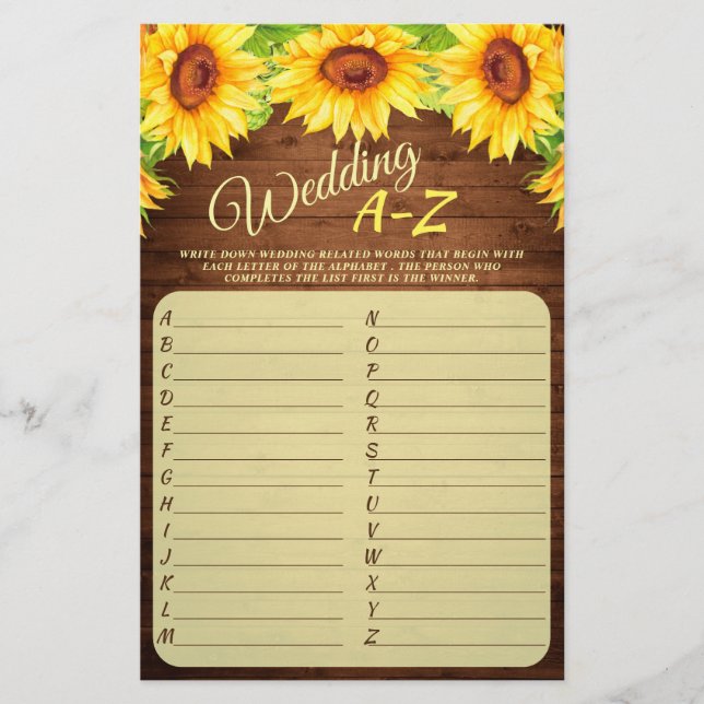 Wood Sunflower Blossom Greenery Bridal Shower Game (Front)