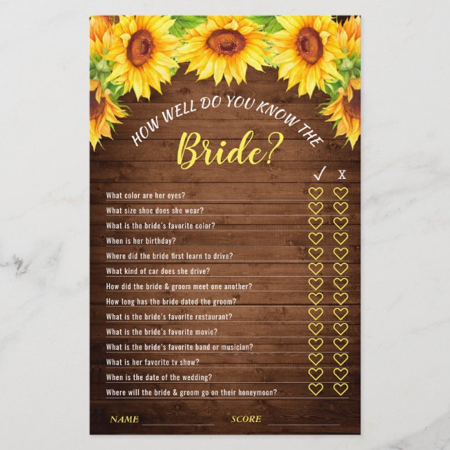 Wood Sunflower Double-Sided Bridal Shower Game (Front)