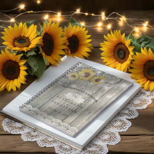 Wood Sunflower Lace String Light Wedding Guestbook Notebook