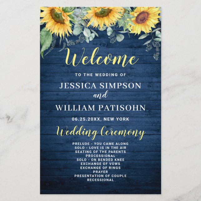 Wood Sunflower Rustic Wedding Ceremony Program (Front)