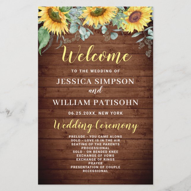Wood Sunflower Rustic Wedding Ceremony Program (Front)