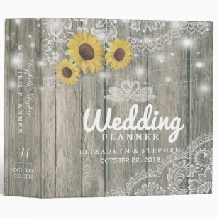 Wood Sunflowers Lace String Lights Wedding Planner Binder