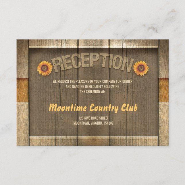 wood & sunflowers wedding reception design enclosure card (Front)