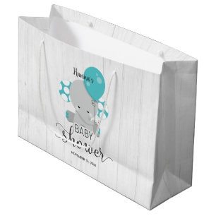 Wood & Teal Elephant Gender Neutral Baby Shower Large Gift Bag