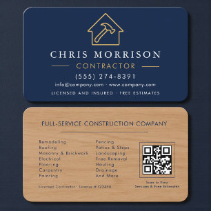 Wood Texture Navy Blue Contractor QR Code Business Card