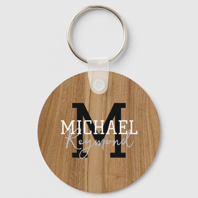 Wood Texture Rustic Monogram Country Style Keychai Keychain (Front)