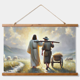 Wood-Topped Rustic Wall Tapestry with Jesus yoked