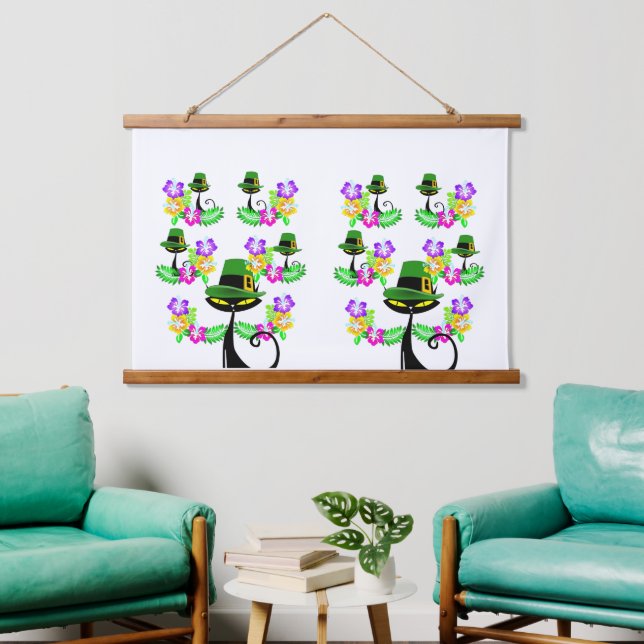 Wood Topped Wall Tapestry Black Cat  (Living Room)