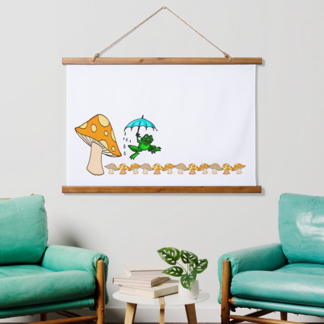 Wood Topped Wall Tapestry Mushroom Frog  (Living Room)