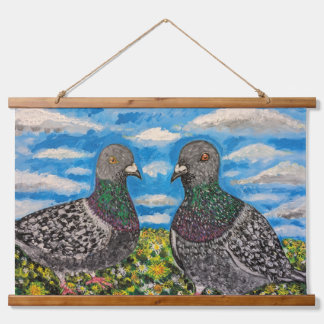 Wood Topped Wall Tapestry of two pigeons