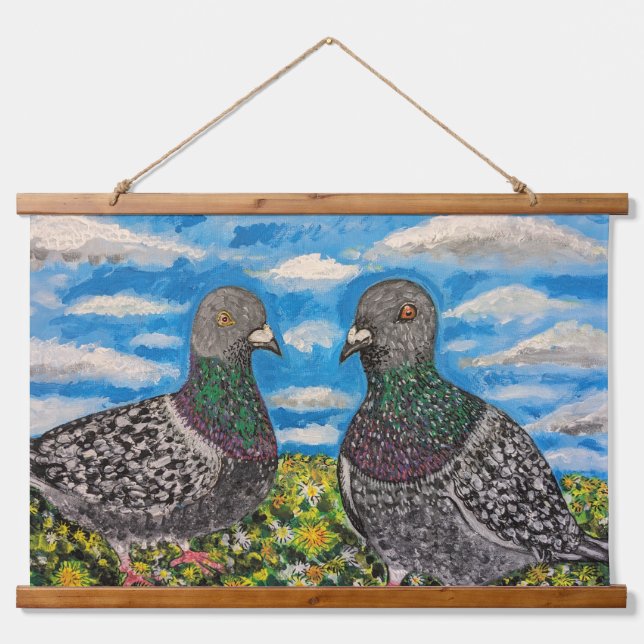 Wood Topped Wall Tapestry of two pigeons (Front)