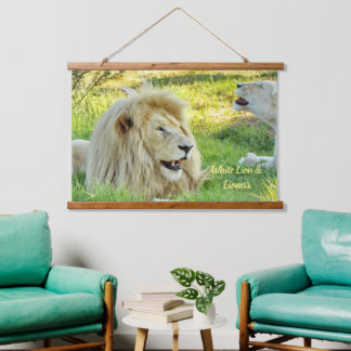Wood Topped Wall Tapestry White Lion & Lioness!